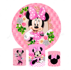 Pink Minnie Birthday Party Round Backdrop Cover Plinth Cylinder Pedestal Cover