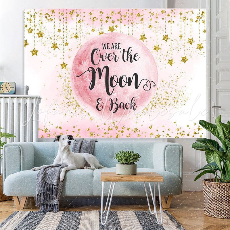 Lofaris Pink Moon And Golden Stars Bokeh Baby Shower Backdrop