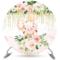Lofaris Pink Pig Flowers Lovely Round Happy Birthday Backdrop
