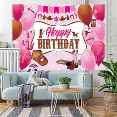 Lofaris Pink Plaid Balloon Cowgirl Happy Birthday Backdrop