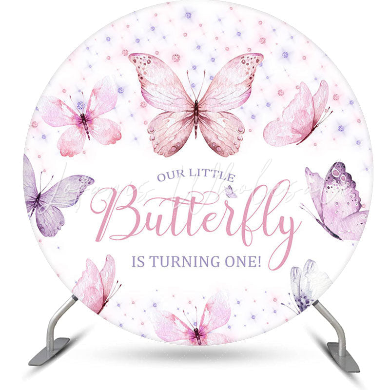 Lofaris Pink Purple Butterflies Round 1St Birthday Backdrop