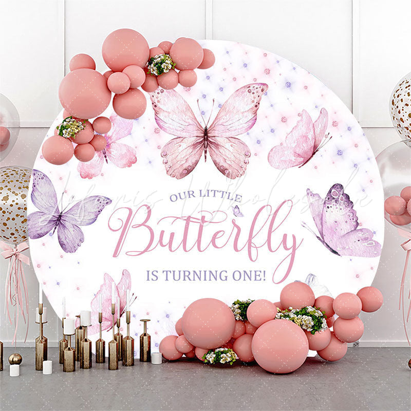 Lofaris Pink Purple Butterflies Round 1St Birthday Backdrop
