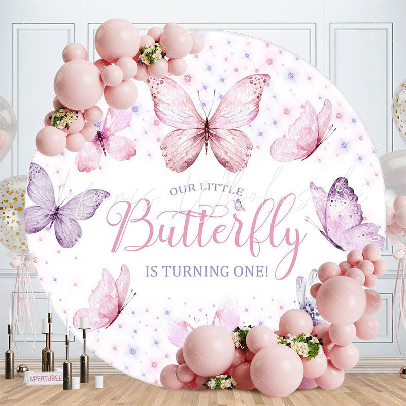 Lofaris Pink Purple Butterflies Round 1St Birthday Backdrop