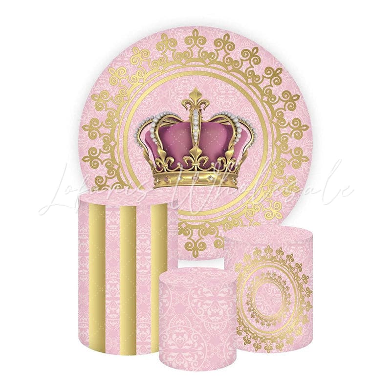 Pink Queen Crown Themed Round Backdrop and Cylinders Kit
