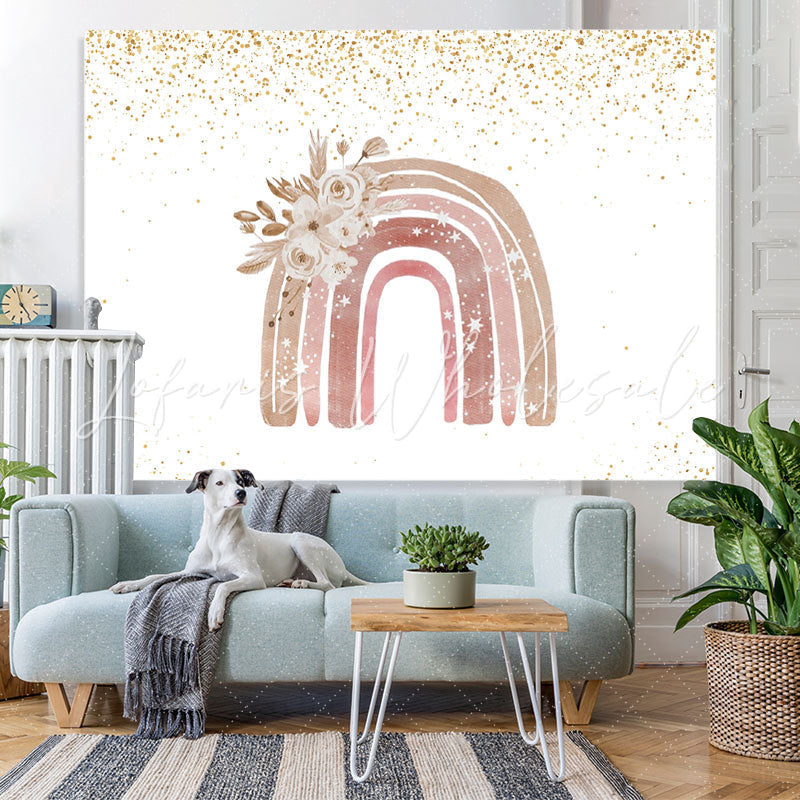Lofaris Pink Rainbow Floral Golden Glitter Backdrop for Girl