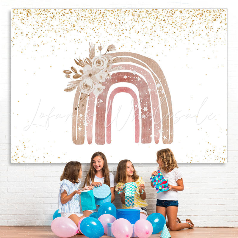 Lofaris Pink Rainbow Floral Golden Glitter Backdrop for Girl