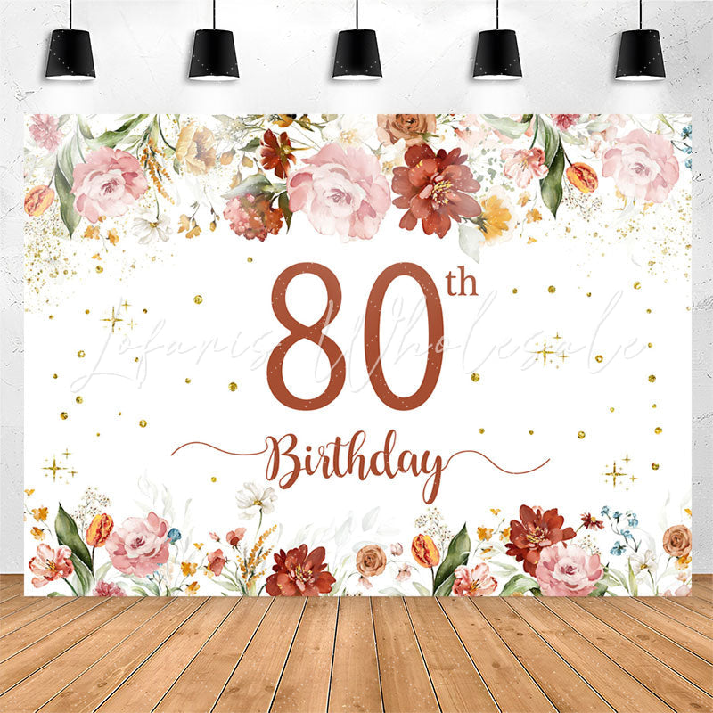 Lofaris Pink Red Floral White Glitter 80th Birthday Backdrop
