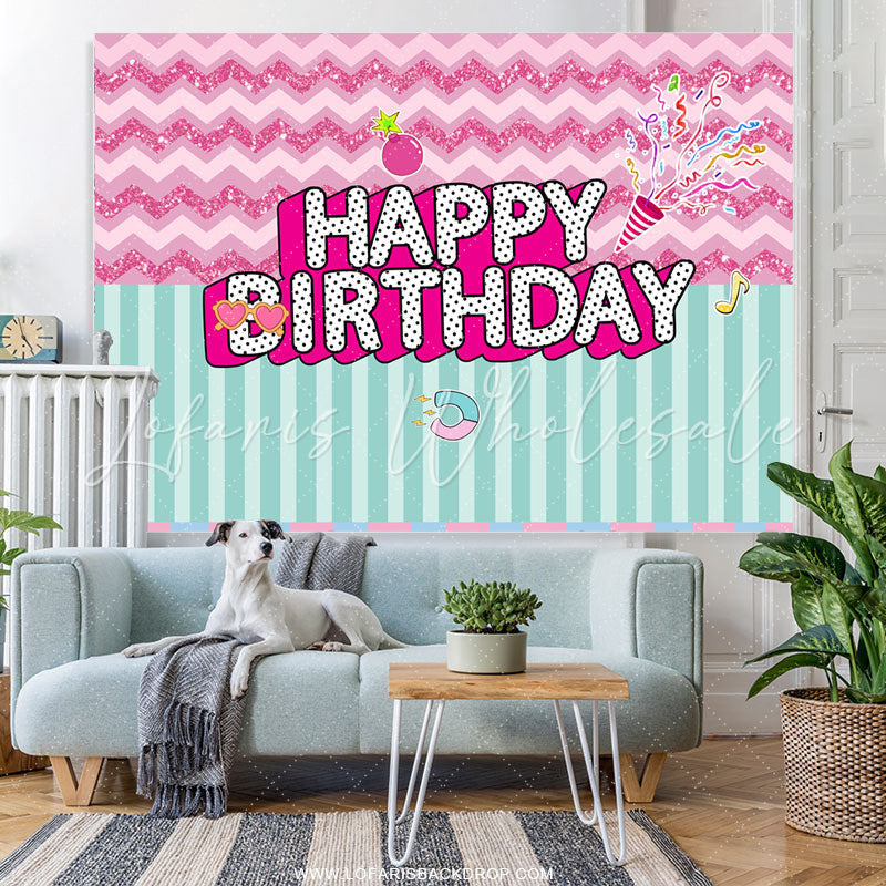 Lofaris Pink Ripple And Green Stripe Happy Birthday Backdorp
