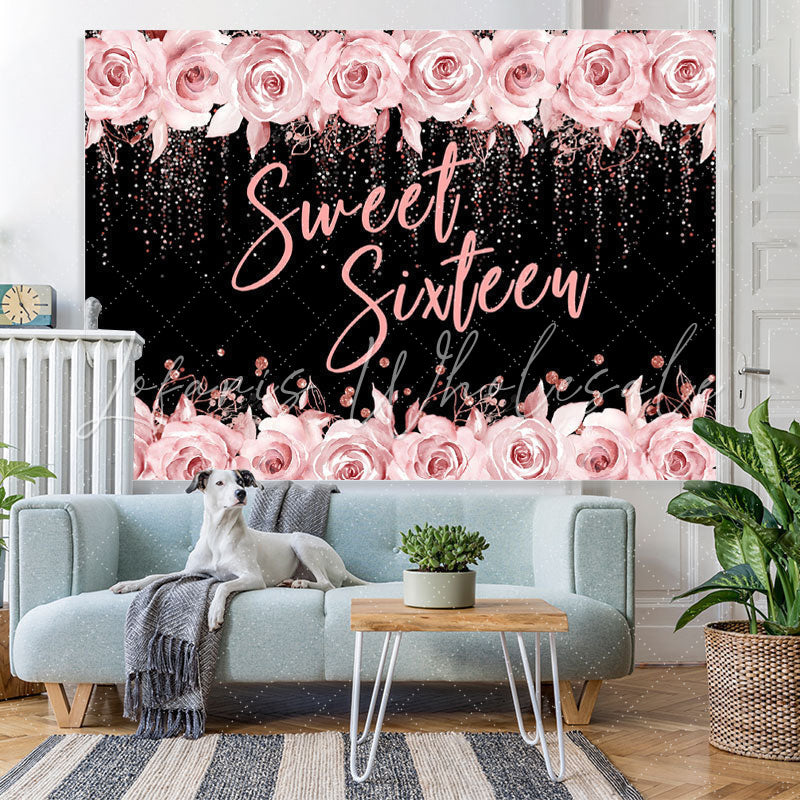 Lofaris Pink Rose And Black Glitter Sweet 16 Birthday Backdrop