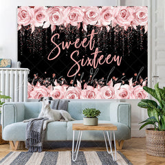Lofaris Pink Rose And Black Glitter Sweet 16 Birthday Backdrop