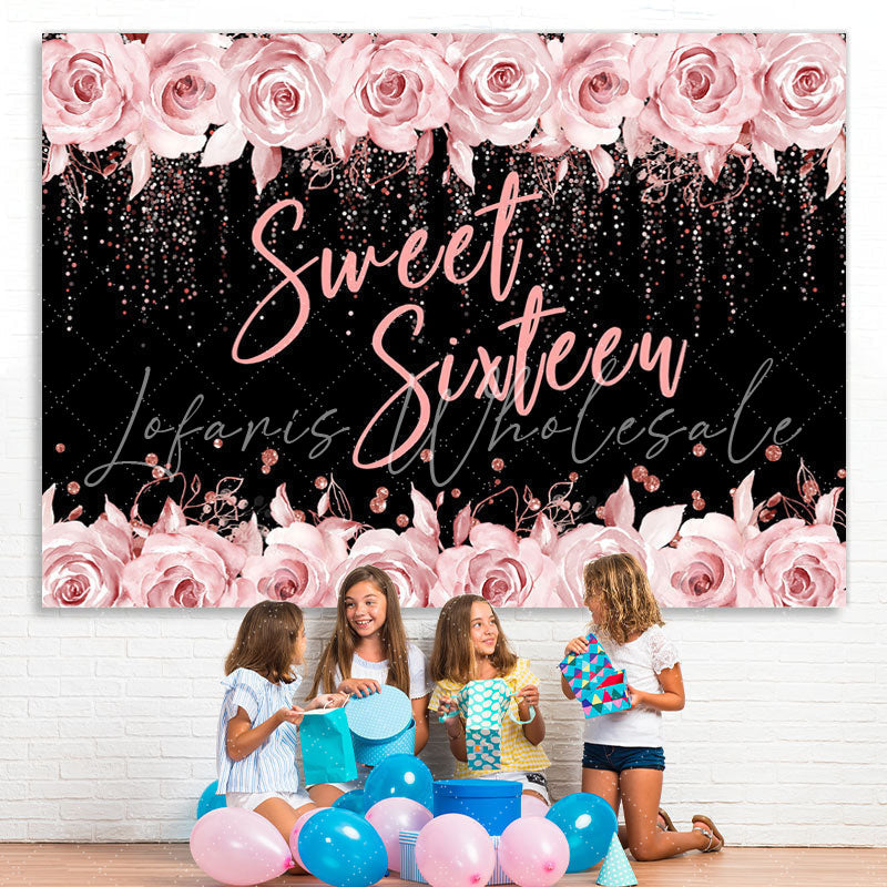 Lofaris Pink Rose And Black Glitter Sweet 16 Birthday Backdrop