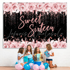 Lofaris Pink Rose And Black Glitter Sweet 16 Birthday Backdrop