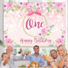 Lofaris Pink Rose and Bow Happy 1st Birthday Backdrop for Girl