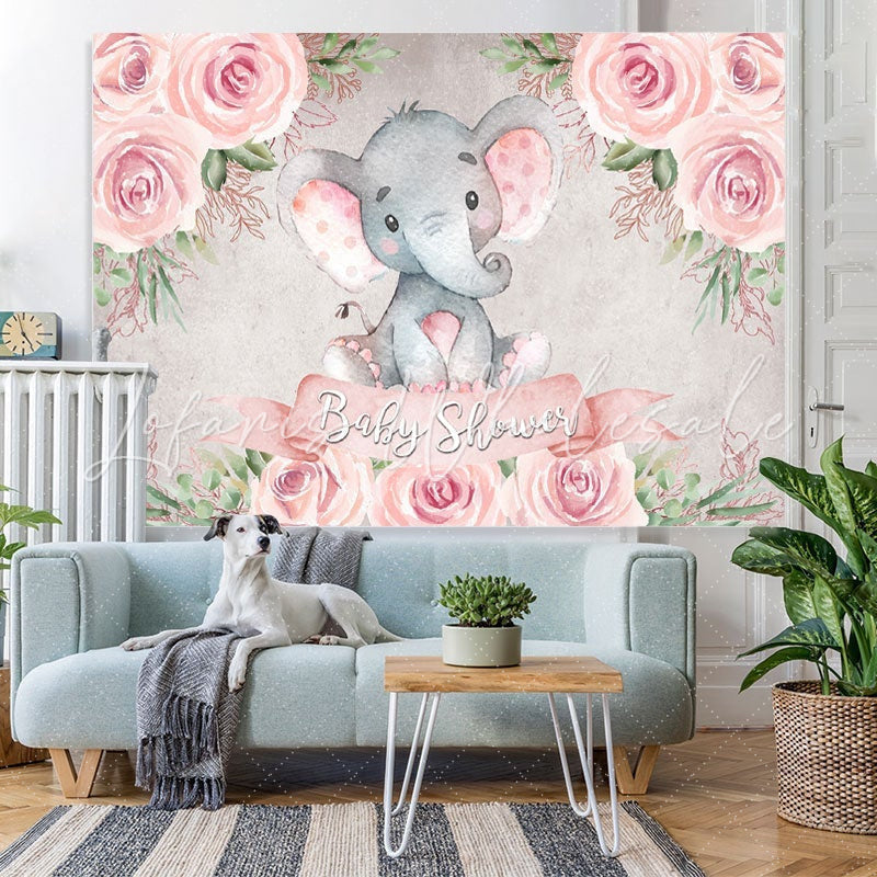 Lofaris Pink Rose Baby Elephant Shower Backdrop for Girl