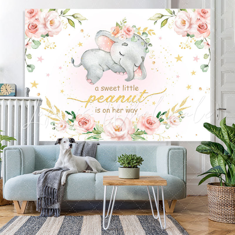Lofaris Pink Rose Baby Elephent Shower Backdrop for Girl