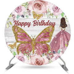Lofaris Pink Rose Butterfly Wooden Round Birthday Backdrop