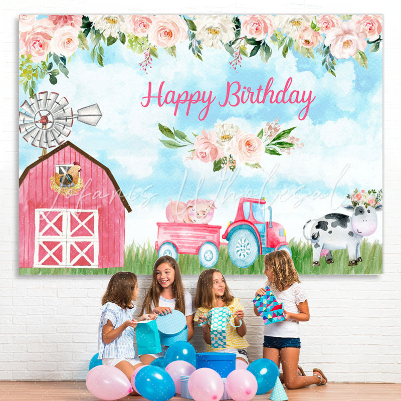 Lofaris Pink Rose Cute Farm Blue Sky Happy Birthday Backdrop