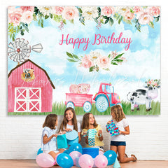 Lofaris Pink Rose Cute Farm Blue Sky Happy Birthday Backdrop