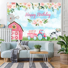 Lofaris Pink Rose Cute Farm Blue Sky Happy Birthday Backdrop