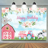 Lofaris Pink Rose Cute Farm Blue Sky Happy Birthday Backdrop