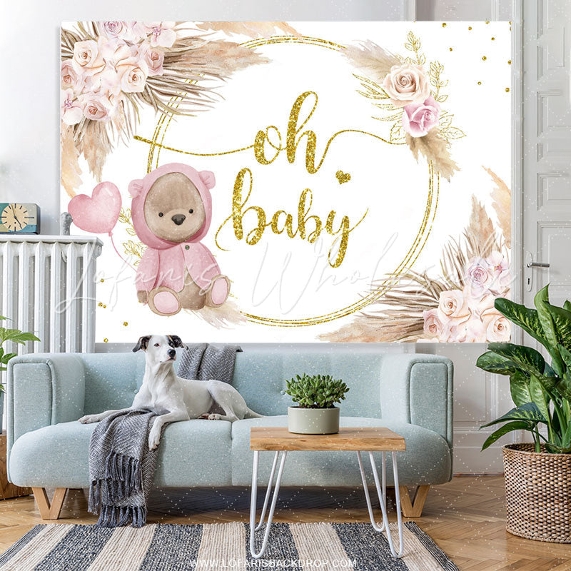 Lofaris Pink Rose Gold Oh Baby Bear Floral Shower Backdrop