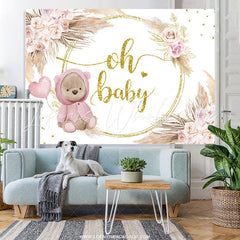 Lofaris Pink Rose Gold Oh Baby Bear Floral Shower Backdrop