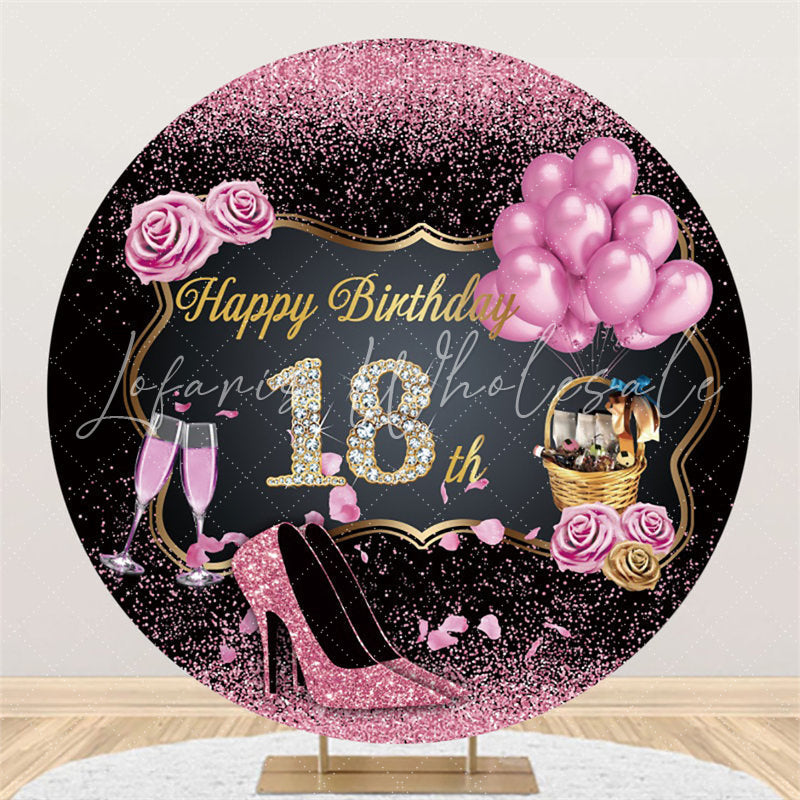 Lofaris Pink Roses Black Round Happy 18Th Birthday Backdrop