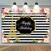 Lofaris Pink Roses White And Black Stripe Backdrop For Birthday