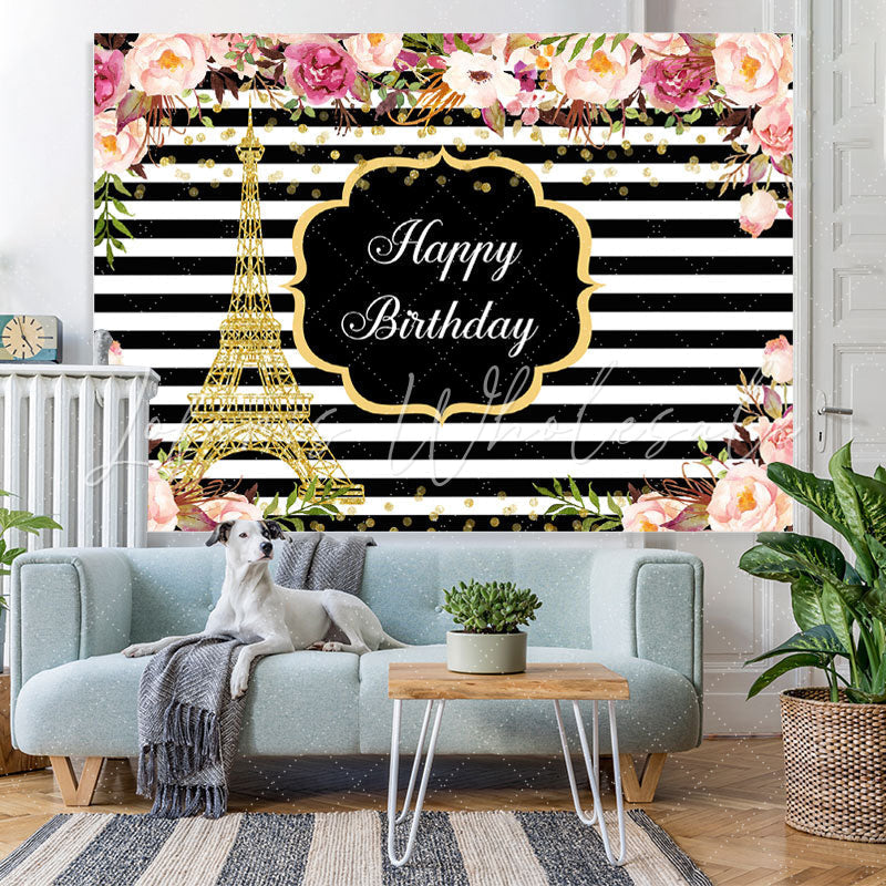 Lofaris Pink Roses White And Black Stripe Backdrop For Birthday
