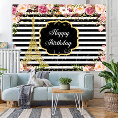 Lofaris Pink Roses White And Black Stripe Backdrop For Birthday
