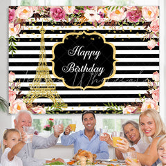 Lofaris Pink Roses White And Black Stripe Backdrop For Birthday