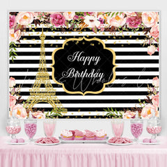 Lofaris Pink Roses White And Black Stripe Backdrop For Birthday