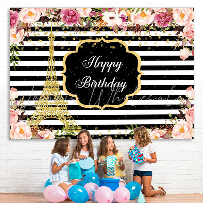 Lofaris Pink Roses White And Black Stripe Backdrop For Birthday