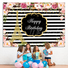 Lofaris Pink Roses White And Black Stripe Backdrop For Birthday