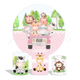 Pink Safari Animal Theme Birthday Baby Shower Party Round Backdrop Cover Cylinder Pedestal Cover
