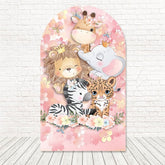 Pink Safari Floral Animals Arch Backdrop for Cute Jungle Party Decor