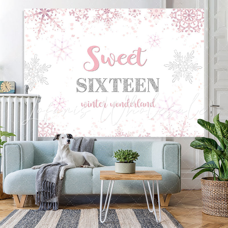 Lofaris Pink Snowflakes Sweet Sixteen Happy Birthday Backdrop