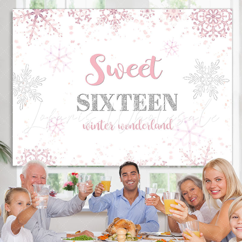 Lofaris Pink Snowflakes Sweet Sixteen Happy Birthday Backdrop