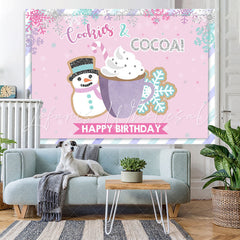 Lofaris Pink Snowy Cup and Snow Man Happy Birthday Backdrop