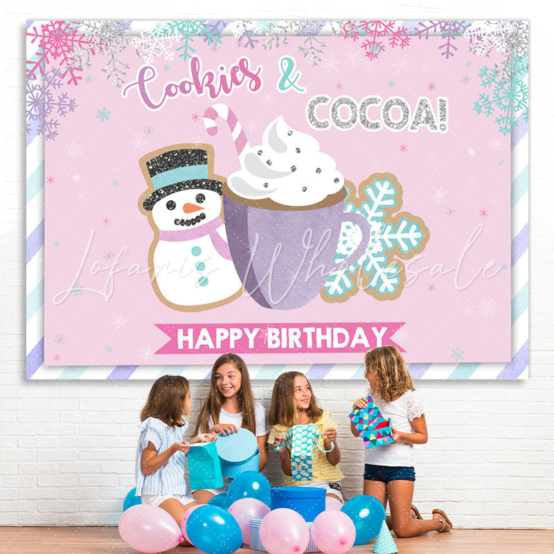 Lofaris Pink Snowy Cup and Snow Man Happy Birthday Backdrop