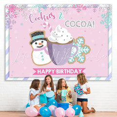 Lofaris Pink Snowy Cup and Snow Man Happy Birthday Backdrop