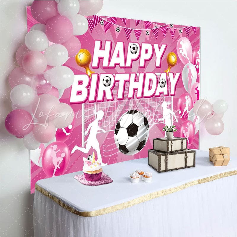 Pink Soccer Football Sports Birthday Party Backdrop For Girls