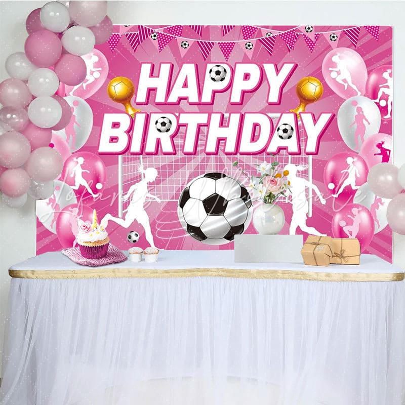 Pink Soccer Football Sports Birthday Party Backdrop For Girls
