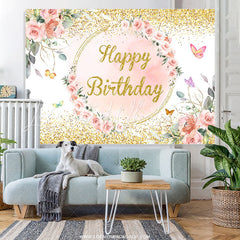 Lofaris Pink Soring And Gloden Happy Birthday Backdrop For Girl