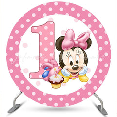 Lofaris Pink Spot And Cake Round Cartoon Mouse 1st Backdrop