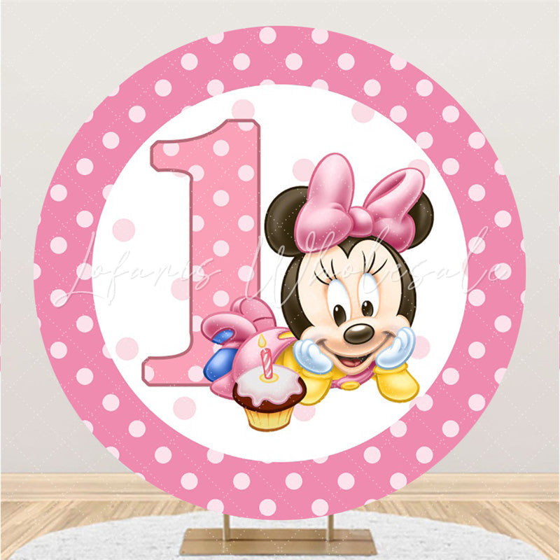 Lofaris Pink Spot And Cake Round Cartoon Mouse 1st Backdrop