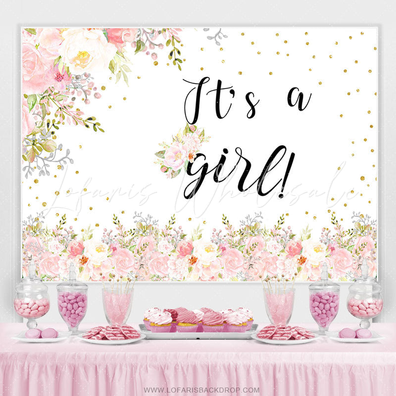 Lofaris Pink Spring Floral Its A Girl Baby Shower Backdrop