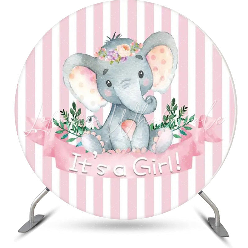 Lofaris Pink Stripe Elephant Leaf Round Baby Shower Backdrop