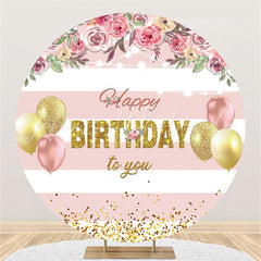Lofaris Pink Stripe Flower Balloons Birthday Circle Backdrop
