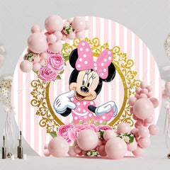 Pink Stripe Minnie Mouse Floral Round Girls Birthday Party Backdrop